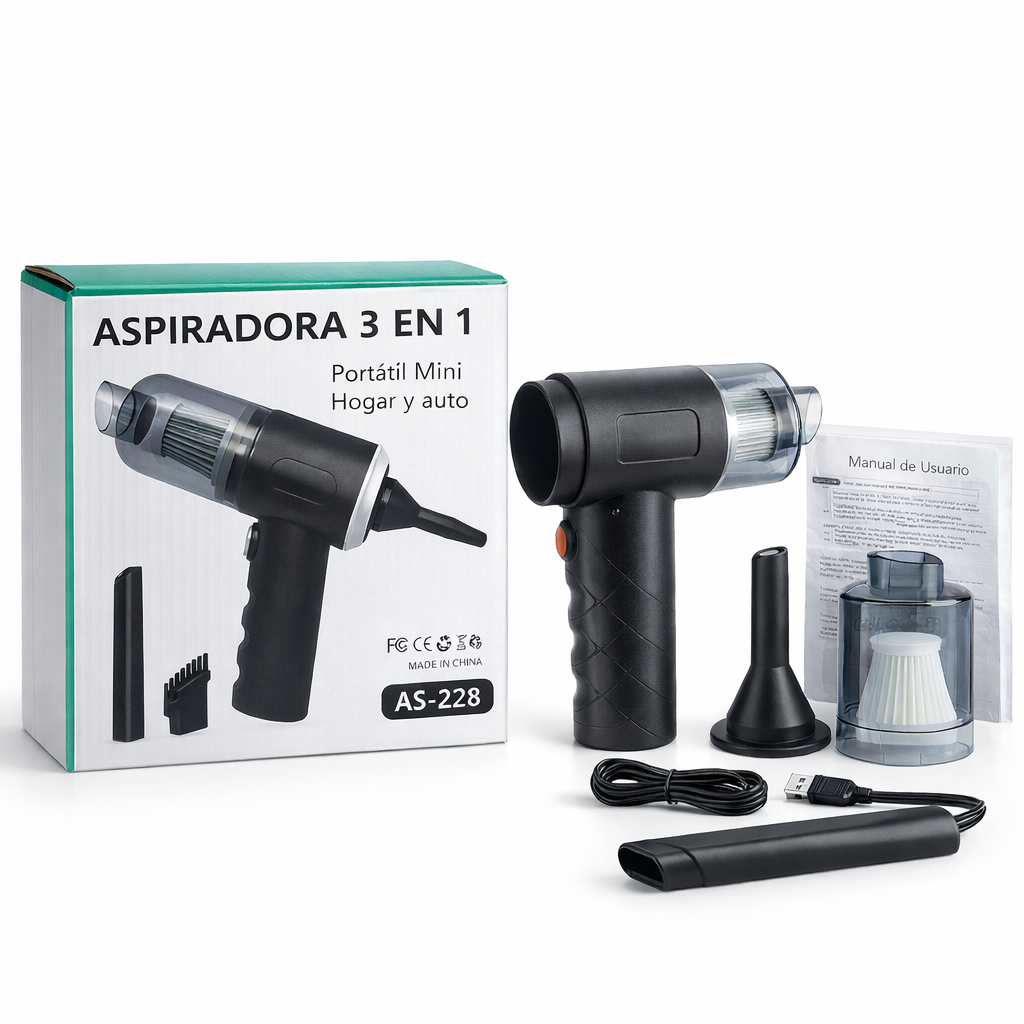 AutoClean Pro 2 en 1 – Limpiador Portátil para Auto Aspirado y soplado potente con carga inalámbrica integrada.